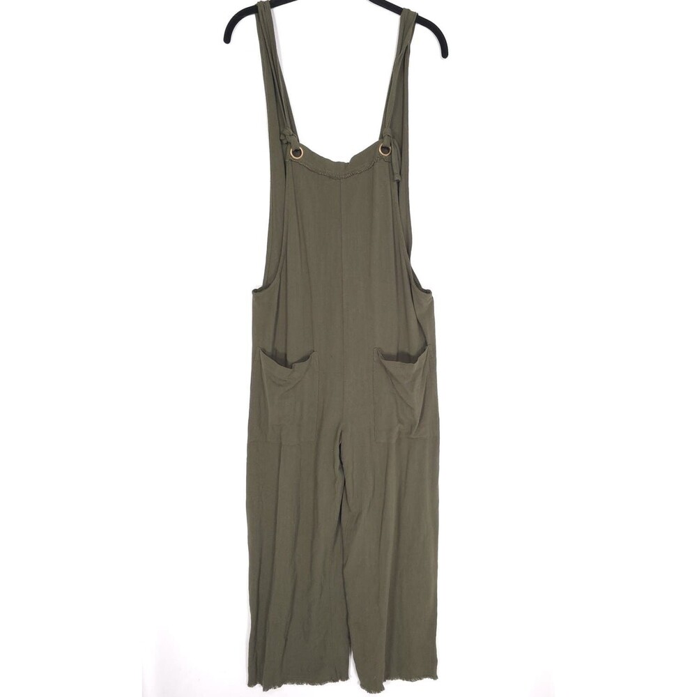 NATURAL LIFE NEW Olive Linen Blend Jumpsuit Wide Leg Pockets Casual Size XS